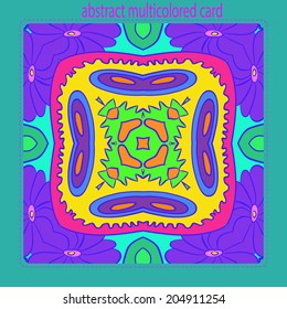 Card with circular pattern of abstract floral  motif,  orange ellipses  in a contrast colors on a multicolored  rounded rectangle and text.