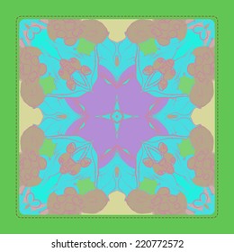 Card with circular  pattern of abstract floral  pale  motif  in a contrast colors on an azure rounded rectangle. Handmade.
