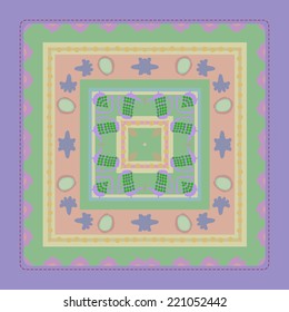 Card with circular  pattern of abstract floral pale  motif and teapots,flowers on a pale green striped rounded rectangle.