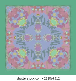 Card with circular  pattern of abstract floral  motif ,pink pale flowers on a pale  blue rounded rectangle.