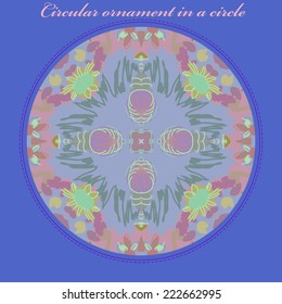 Card with circular  pattern of abstract floral  motif ,pink pale flowers on a pale  blue circle.Handmade.