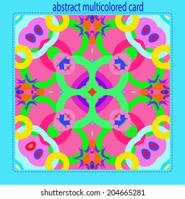 Card with circular  pattern of abstract motif  in a contrast colors on a light pink rounded rectangle and text.