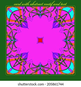 Card with circular  pattern of abstract motif,ornament,  text   on a pink rounded rectangle and yellow text on a green frame.