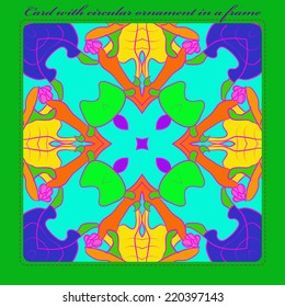 Card with circular  pattern of colored abstract spots, floral motifs on bright azure rounded rectangle and purple text on a green frame. Handmade.