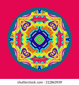 Card  with  circular pattern of colored  floral motifs,spirals , pink text on an dark  azure circle, pink frame. Handmade.