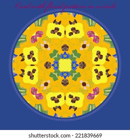 Card with circular  pattern of colored floral motifs, yellow poppy,spots in a circle and pink text on a frame. Handmade.