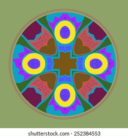 Card with circular   pattern of colored floral motif, frame  on a  dark azure  background. Hand drawn.