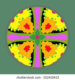 Card with circular   pattern of colored floral motif, frame  on a black   background. Hand drawn.