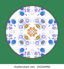 Card with circular   pattern of colored floral motif, frame  on a  white  background. Hand drawn.