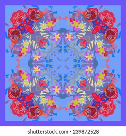 Card with circular  pattern of colored leaves, spots on a pale blue background. Handmade.