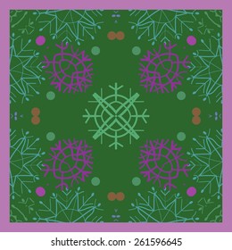 Card with circular pattern of colored snowflakes.  Hand drawn. 