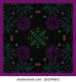 Card with circular pattern of colored snowflakes.  Hand drawn. 