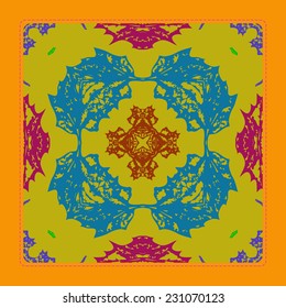 Card with circular  pattern with colored spots on a dark yellow rounded rectangle.