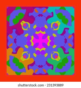 Card with circular  pattern of colored spots, star on a blue rounded rectangle. Handmade.