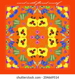 Card with circular  pattern of floral motif  in a warm colors on an orange  rounded rectangle and text.