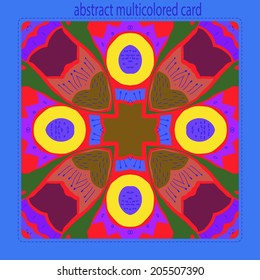 Card with circular  pattern of floral motif and zigzag   on a red rounded rectangle and text.