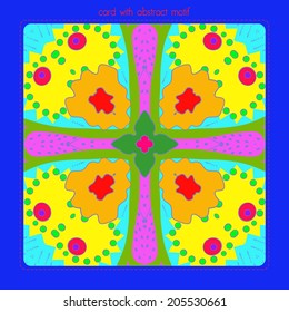 Card with circular pattern of floral motif  in a contrast colors on a multicolored rounded rectangle and text.