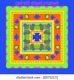 Card with circular pattern of floral motif, striped, teapots  on a multicolored rounded rectangle and rosy text.