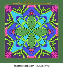 Card with circular  pattern of floral motif, branches and text   on a multicolored rounded rectangle and orange text on a dark green frame.