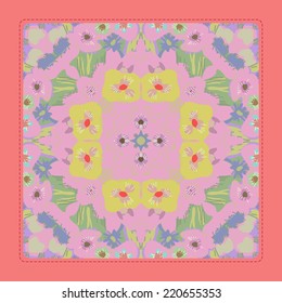 Card with circular  pattern of floral motif with yellow pale poppy on a pale pink  rounded rectangle.