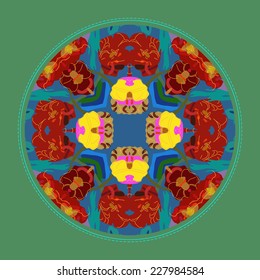 Card with circular   pattern of  floral  motif and red tulips on a blue circle. Handmade.