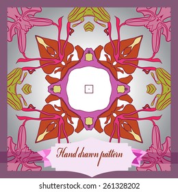 Card with circular pattern of floral motif, label. Hand drawn.