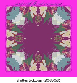 Card with circular  pattern of floral motif,peonies, leaves and text   on a dark pink rounded rectangle and blue text on a frame.