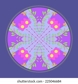 Card with circular  pattern of floral motifs  in a violet  circle. Handmade.