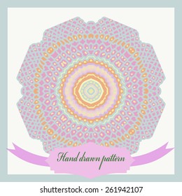 Card with circular pattern on a  background, label. Hand drawn.