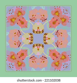 Card with circular pattern of pale  floral  motif and red tulips on a pale blue rounded rectangle.