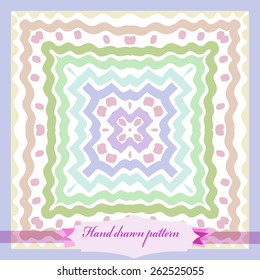 Card with circular striped pattern, waves, spots, label. Hand drawn.