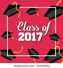 card of class 2017 with graduation hats over red background. colorful design. vector illustration