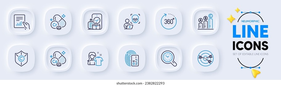 Card, Clean shirt and Cobalt mineral line icons for web app. Pack of 360 degrees, Time management, Chromium mineral pictogram icons. Targeting, Document, Cyber attack signs. Graph chart. Vector