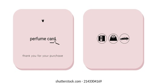 Card for clients. Card design. Perfume card. Icons wardrobe, women's bag and auto. Finished design. Gift card. Vector. Modern design.