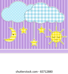 Card with clouds, moon, sun and stars on textile background