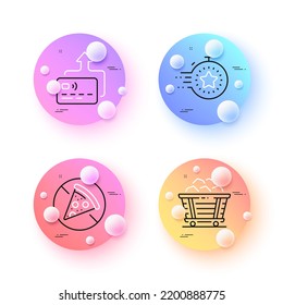 Card, Coal trolley and Timer minimal line icons. 3d spheres or balls buttons. Prohibit food icons. For web, application, printing. Send payment, Mine wagon cart, Deadline management. Vector