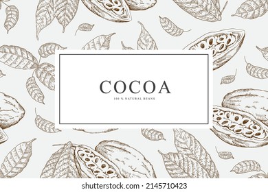 Tarjeta con granos de cacao. Fondo de la ilustración vectorial con esbozo dibujado a mano. Textura de comida para tienda de comestibles. Estilo de arte de línea.