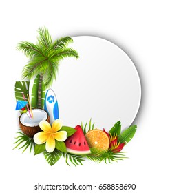 Card with Coconut Cocktail, Slice Watermelon, Orange Fruit and Flowers. Summer Time, Holidays - Vector Illustration