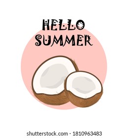 
card with coconut. print for design with tropical fruit.