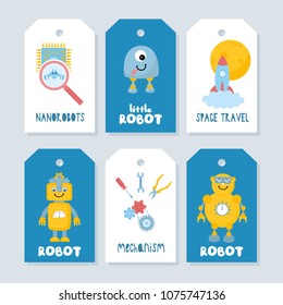 Card collection with cute robots and tools. Childish illustration with funny spaceman. Baby Shower party. Space theme. Place for your text.