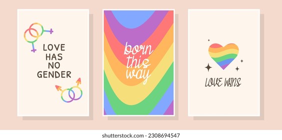 Card collection with LGBTQ community symbols and pride month slogans and phrases. Happy pride celebration