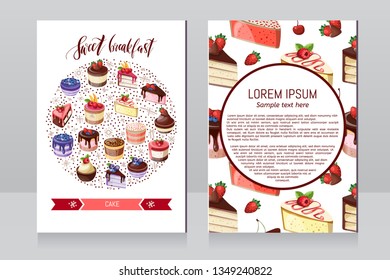 Card collection pastries and cake. Posters of bakery sweet shop or coffee house. Vector illustration.