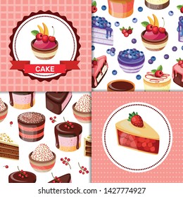 Card collection pastries and cake. Posters of bakery sweet shop or coffee house. Vector illustration.
