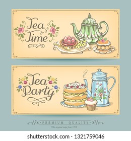 Card collection pastries and tea. Vintage posters of bakery sweet shop, tea party or coffee house. Freehand drawing, sketch