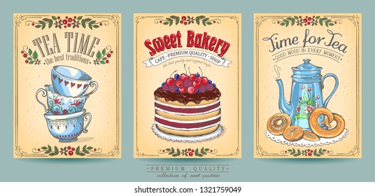 Card collection pastries and tea. Vintage posters of bakery sweet shop or coffee house. Freehand drawing, sketch