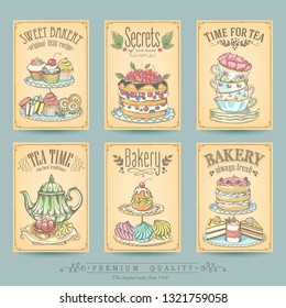 Card collection pastries and tea. Vintage posters of bakery sweet shop or coffee house. Freehand drawing, sketch