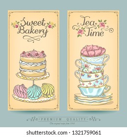 Card collection pastries and tea. Vintage posters of bakery sweet shop or coffee house. Freehand drawing, sketch