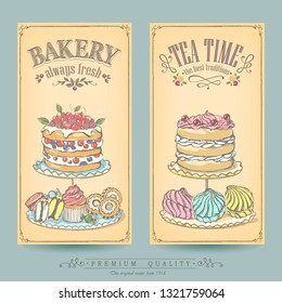 Card collection pastries and tea. Vintage posters of bakery sweet shop or coffee house. Freehand drawing, sketch