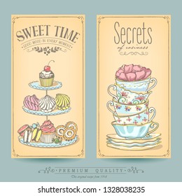 Card collection pastries and tea. Vintage posters of bakery sweet shop or coffee house. Freehand drawing, sketch