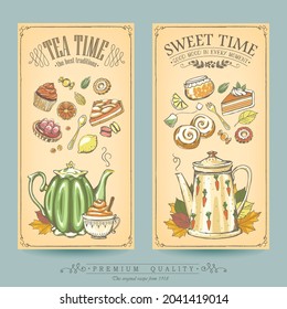 Card collection pastries and tea. Vintage posters of bakery sweet shop or coffee house. Freehand drawing, sketch